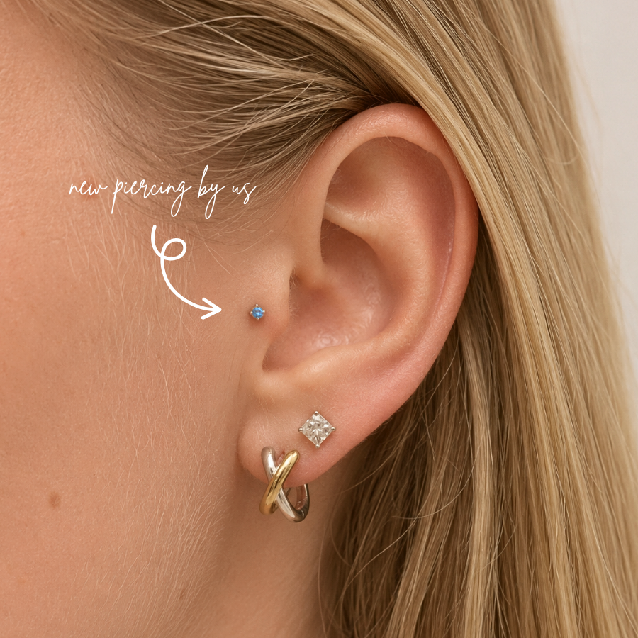 DOVIANA NYC 14K Solid Gold 2mm Aquamarine Flat Back Earring styled in a curated ear piercing with a square CZ stud and two-tone hoop for minimalist fine piercing jewelry in New York.