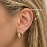 DOVIANA NYC 14K Solid Gold Bar Flat Back Earring styled in a curated ear piercing with gold huggies and pavé hoop earrings for minimalist fine piercing jewelry in New York.