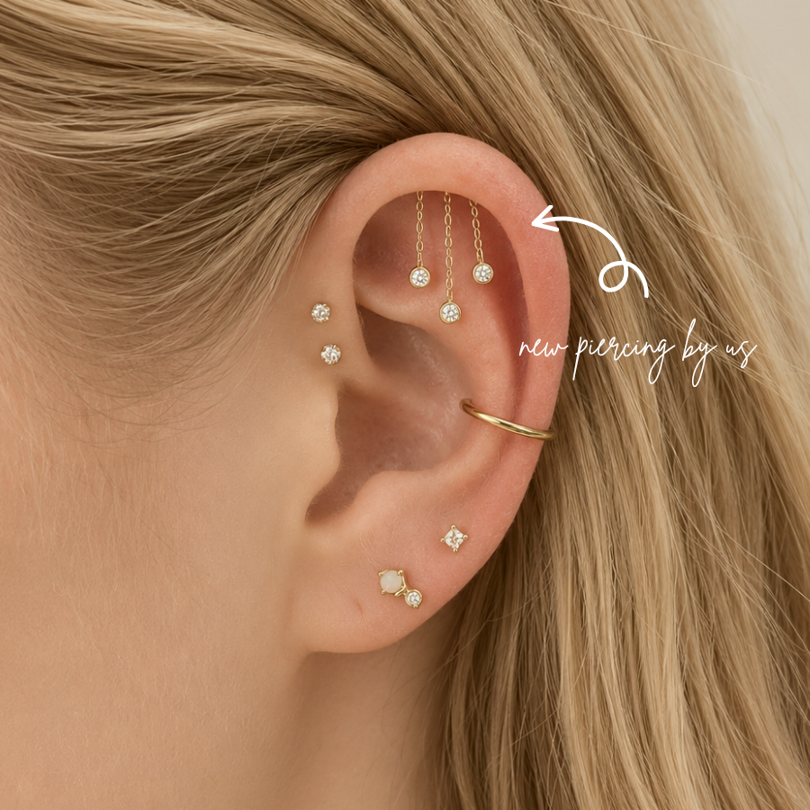 DOVIANA NYC 14K Solid Gold Chandelier Tassel CZ Bezel Drop Dangle Flat Back Earring styled in a curated ear piercing with gold hoop, CZ studs, and minimalist fine piercing jewelry in New York.