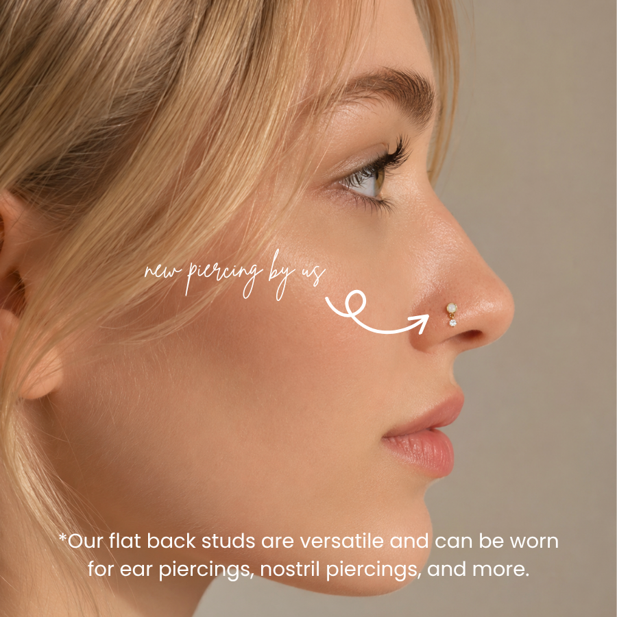 DOVIANA NYC 14K Solid Gold Round Bezel Opal and CZ Drop Flat Back Earring styled in a nostril piercing, also suitable for ear piercings and curated piercing jewelry in New York.