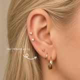 DOVIANA NYC 14K Solid Gold Tri Dots 3mm Threadless Flat Back Earring worn in a curated ear stack with gold hoops and cartilage piercings for everyday fine jewelry in New York.