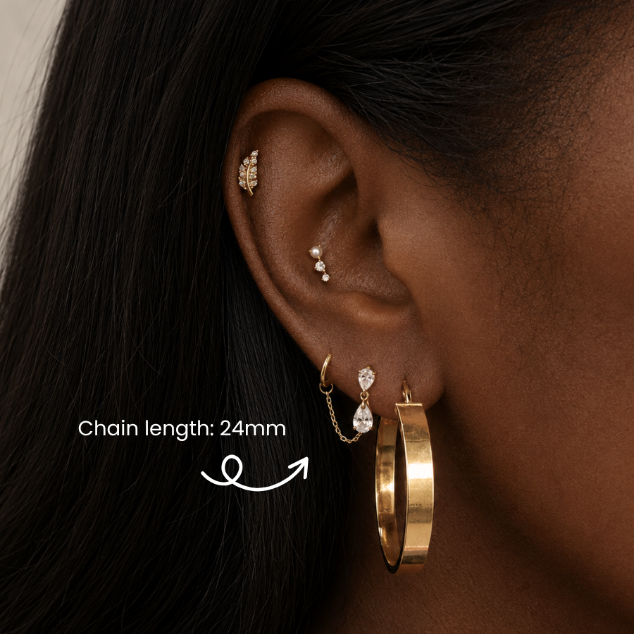 DOVIANA NYC 14K Solid Stud Connector Chain in 24mm and 30mm styled in a curated ear piercing with gold hoops, pearl climber, and minimalist fine piercing jewelry in New York.