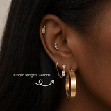 DOVIANA NYC 14K Solid Stud Connector Chain in 24mm and 30mm styled in a curated ear piercing with gold hoops, pearl climber, and minimalist fine piercing jewelry in New York.