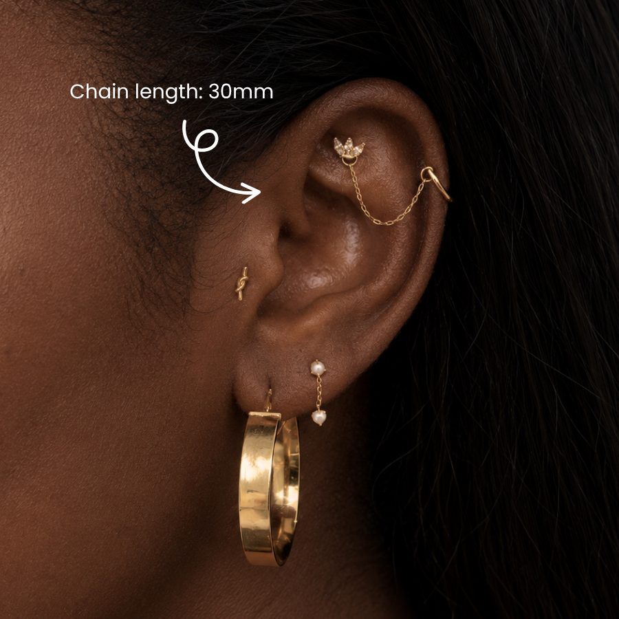 DOVIANA NYC 14K Solid Stud Connector Chain in 30mm styled for double piercings with a gold ear chain, hoop earrings, and minimalist fine piercing jewelry in New York.