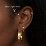 DOVIANA NYC 14K Solid Stud Connector Chain in 30mm styled for double piercings with a gold ear chain, hoop earrings, and minimalist fine piercing jewelry in New York.