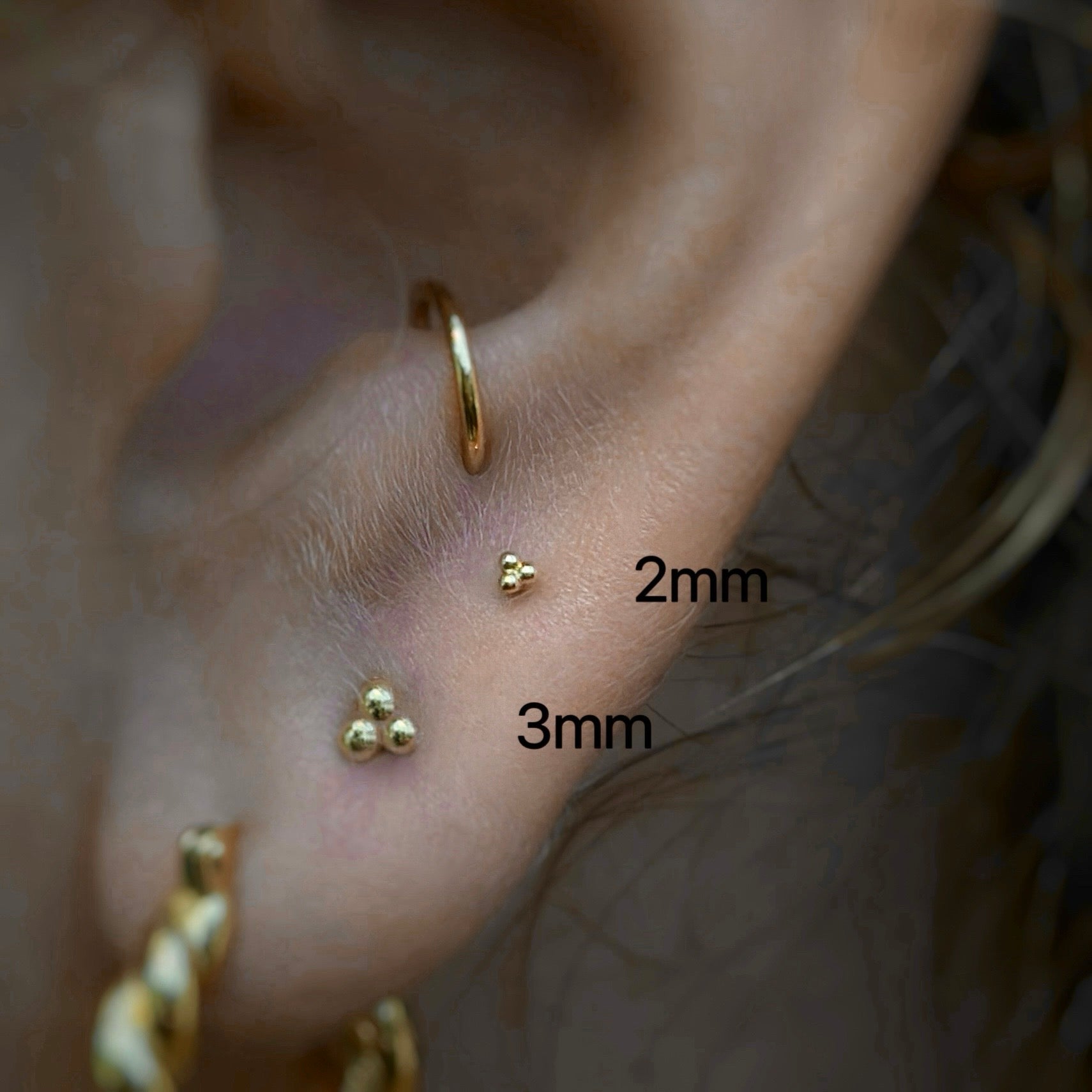 14K Solid Gold Tri Dots 3mm Threadless Labret Flat Back Earring
