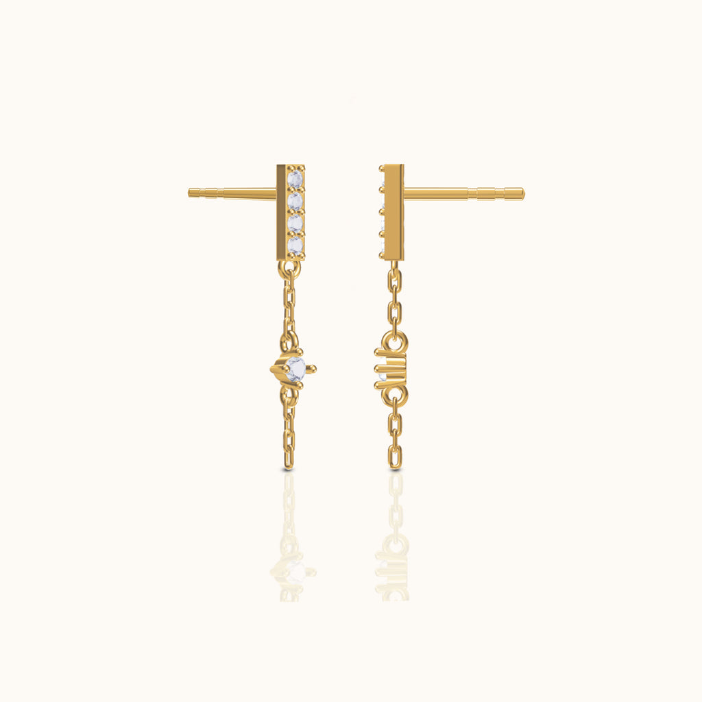 18K Gold Bar Dash Mini CZ Dangle Chain Stud Earrings by Doviana