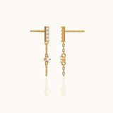 18K Gold Bar Dash Mini CZ Dangle Chain Stud Earrings by Doviana