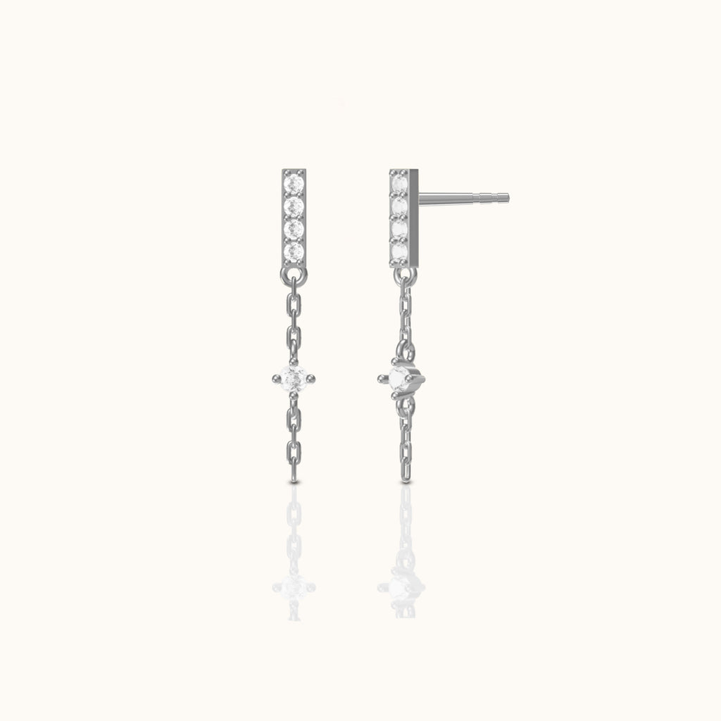 925 Sterling Silver Bar Dash Mini CZ Dangle Chain Stud Earrings by Doviana