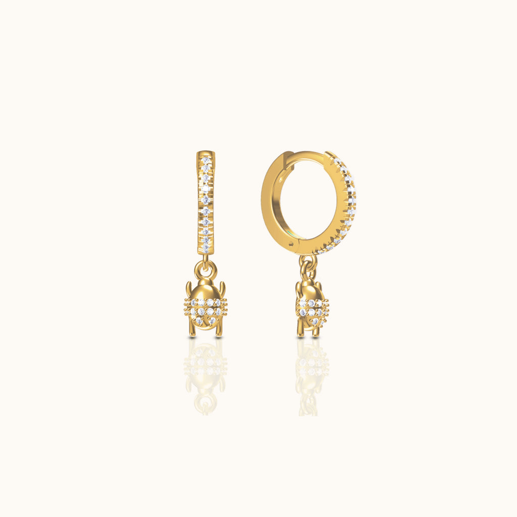 Beetle Ladybug Protection Rebirth Symbol CZ Dangle Hoop Earrings