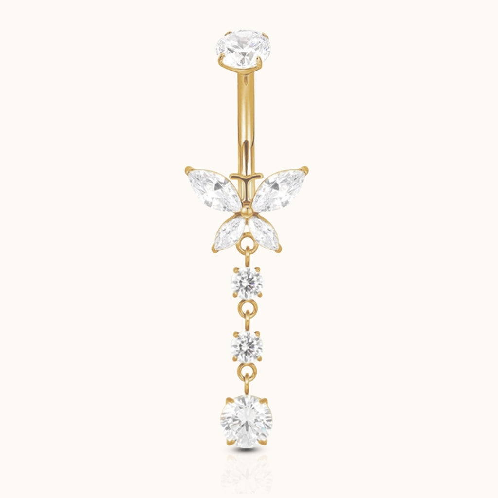 DOVIANA internally threaded titanium belly button ring with a CZ butterfly, three dangling round CZ stones, and an 18K PVD gold finish.