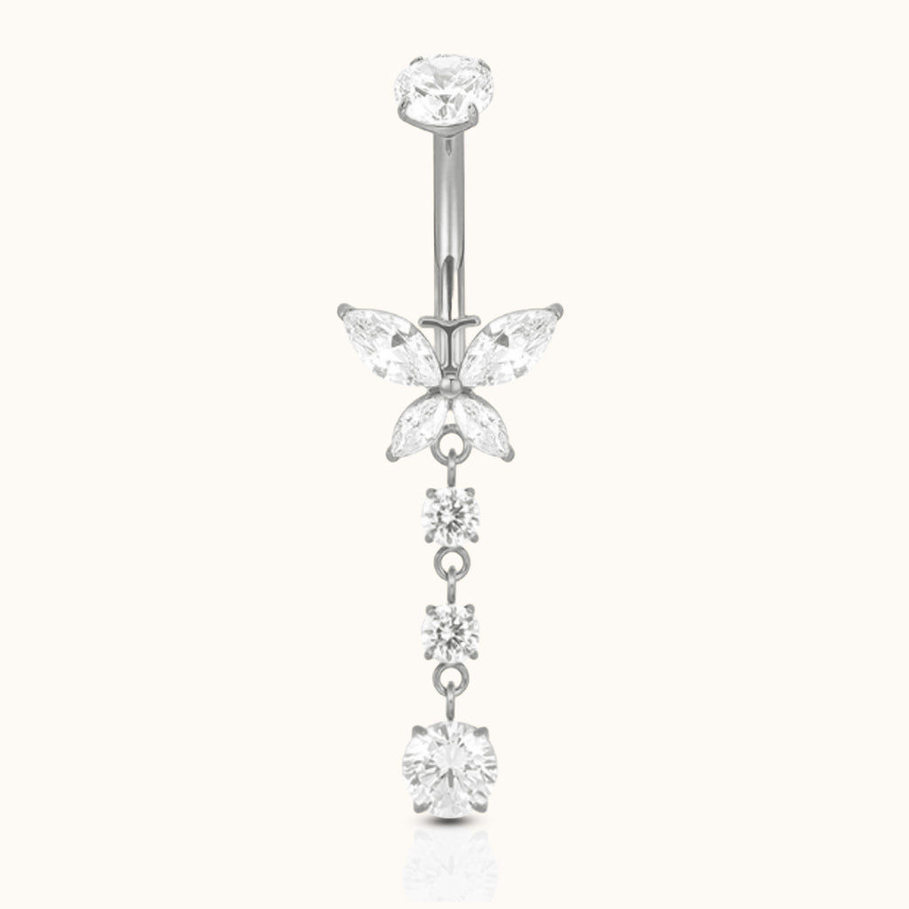 DOVIANA internally threaded titanium belly button ring with a marquise CZ butterfly, three dangling round CZ stones, and a polished silver-tone finish.