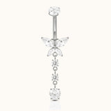DOVIANA internally threaded titanium belly button ring with a marquise CZ butterfly, three dangling round CZ stones, and a polished silver-tone finish.