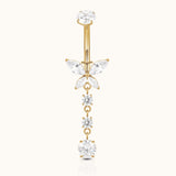 DOVIANA internally threaded titanium belly button ring with a CZ butterfly, three dangling round CZ stones, and an 18K PVD gold finish.
