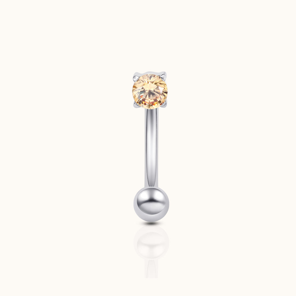 DOVIANA implant-grade titanium belly button ring with an internally threaded curved navel barbell, round champagne CZ, and polished ball end.