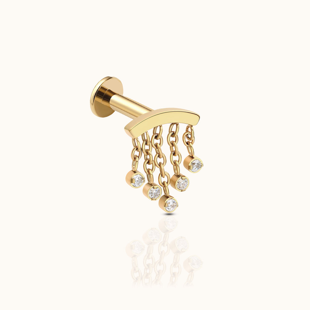 Chandelier Wide Tassel Threadless Labret Titanium PVD Gold Flat Back Earring by Doviana