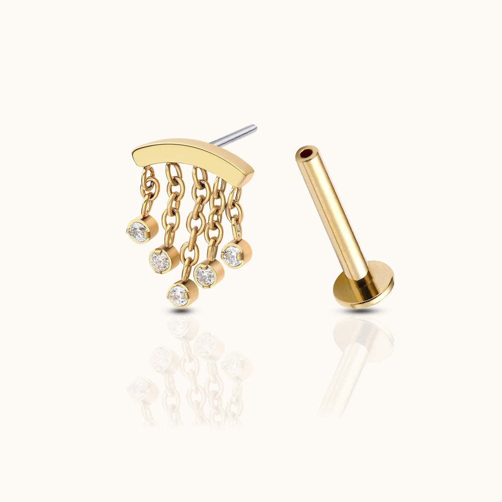 Chandelier Wide Tassel Threadless Labret Titanium PVD Gold Flat Back Earring by Doviana