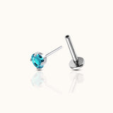 Classic Aquamarine CZ 3mm Silver Color Threadless Labret Implant Grade Titanium Flat Back Earring by Doviana