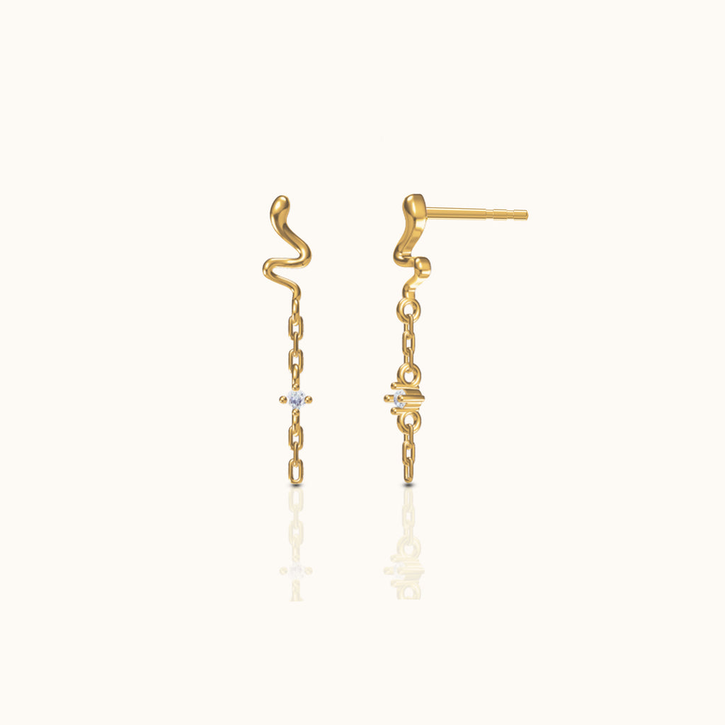 18K Gold Coiled Cobra Snake Mini CZ Dangle Chain Stud Earrings by Doviana