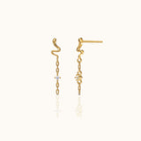 18K Gold Coiled Cobra Snake Mini CZ Dangle Chain Stud Earrings by Doviana