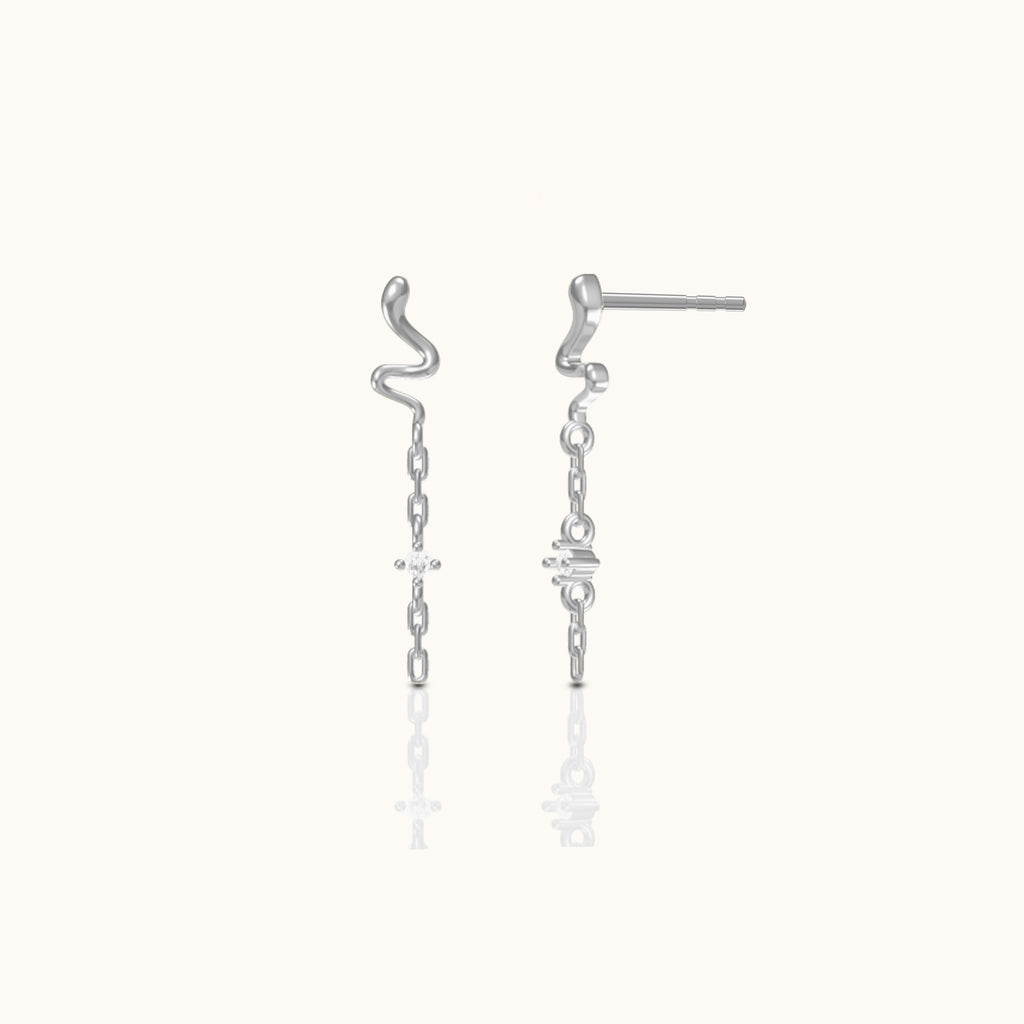 925 Sterling Silver Coiled Cobra Snake Mini CZ Dangle Chain Stud Earrings by Doviana