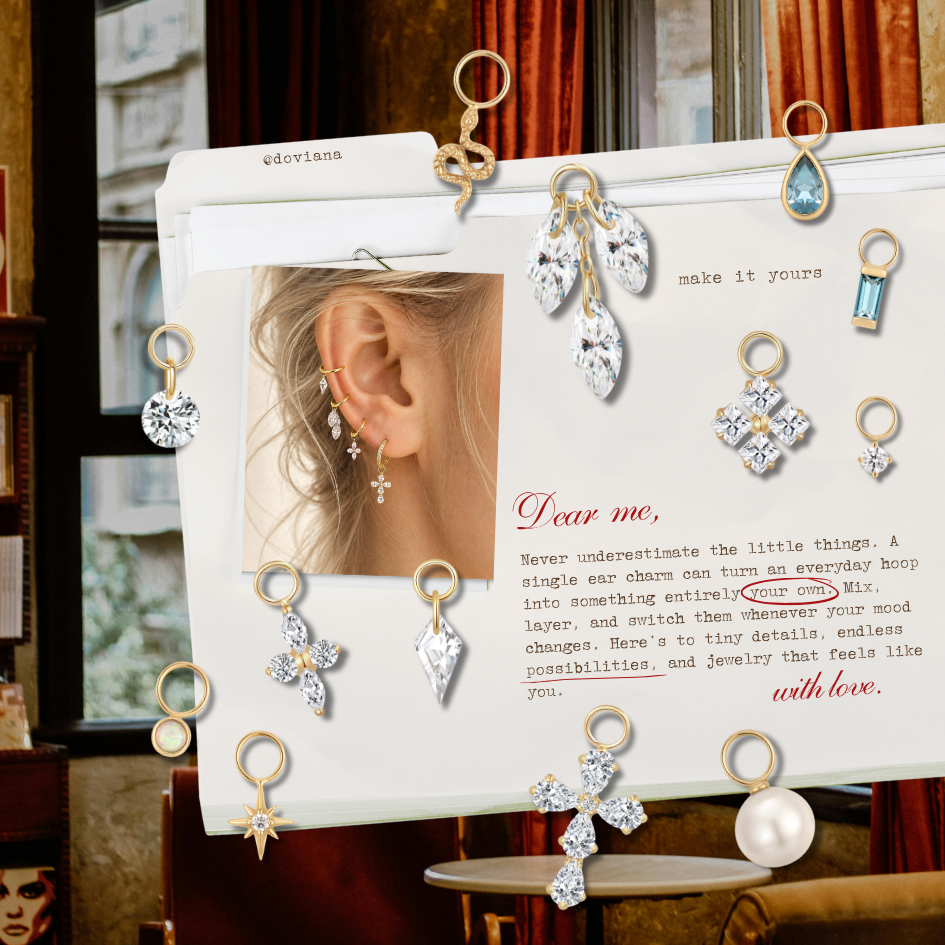 Mix-and-match DOVIANA ear charms for hoop earrings, featuring CZ floral, marquise, blue topaz, pearl, snake and geometric charm designs.