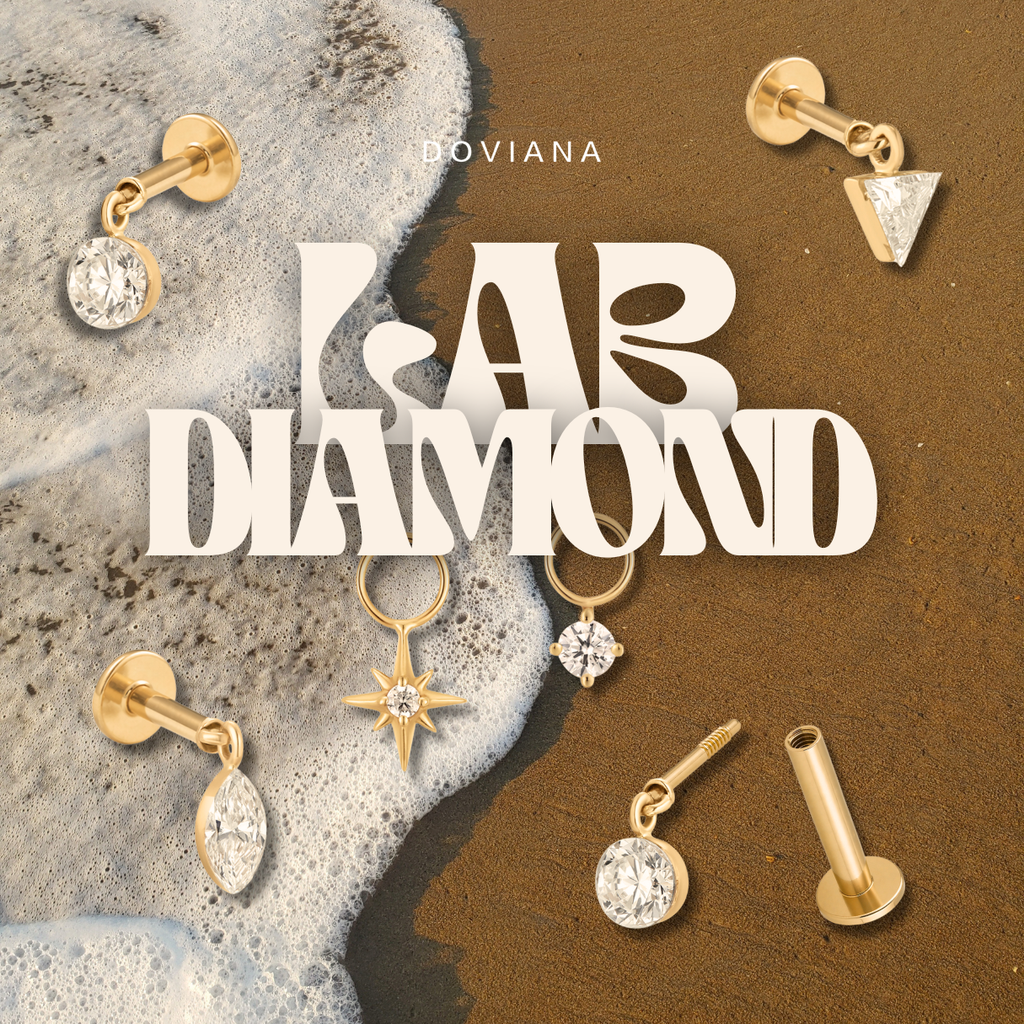 DOVIANA lab-grown diamond flat back earrings in 14K gold displayed on a beach, featuring round, marquise, and trillion designs.