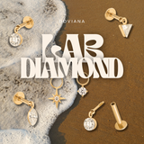 DOVIANA lab-grown diamond flat back earrings in 14K gold displayed on a beach, featuring round, marquise, and trillion designs.