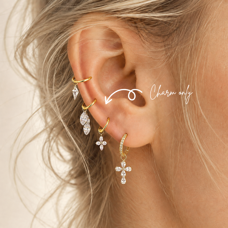 DOVIANA triple marquise-cut CZ dangle ear charm crafted from PVD gold titanium and styled on a hoop earring. Charm only; hoop not included.