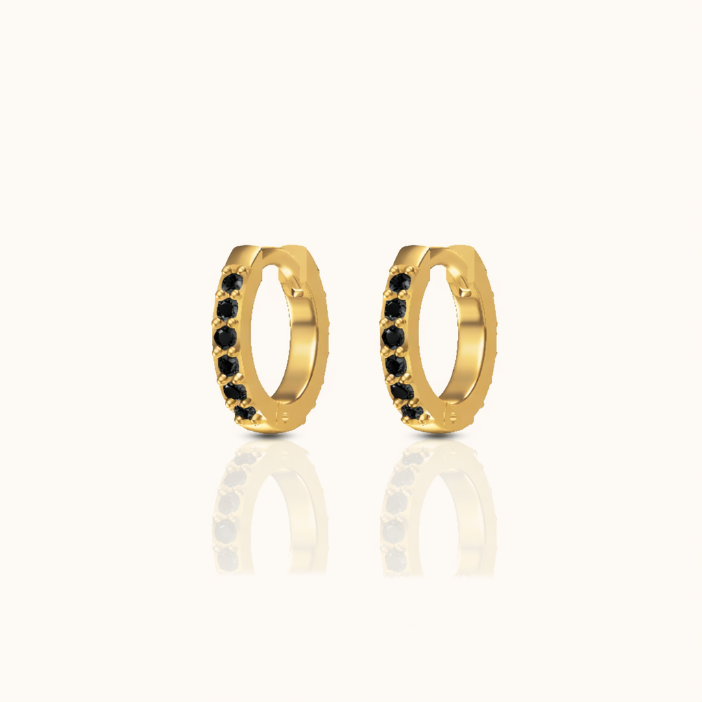 Gold Hoops with Black Stones Dainty Gem Black Zircon Huggie Earrings by Doviana