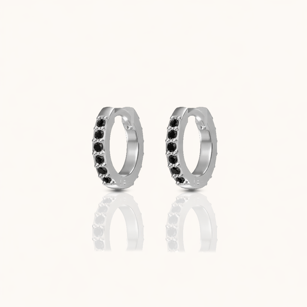 Gold Hoops with Black Stones Dainty Gem Black Zircon Huggie Earrings by Doviana