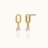 Dangle Natural Pearl Square Gold Stud Earrings by Doviana