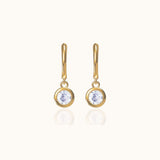Tiny CZ Bezel Drop Earrings Gold Round Crystal Dangle Charm Huggie Hoops by Doviana