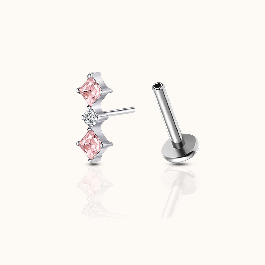 Diamond Shaped Pink CZ Bar Silver Threadless Labret Titanium Flat Back Earring by Doviana