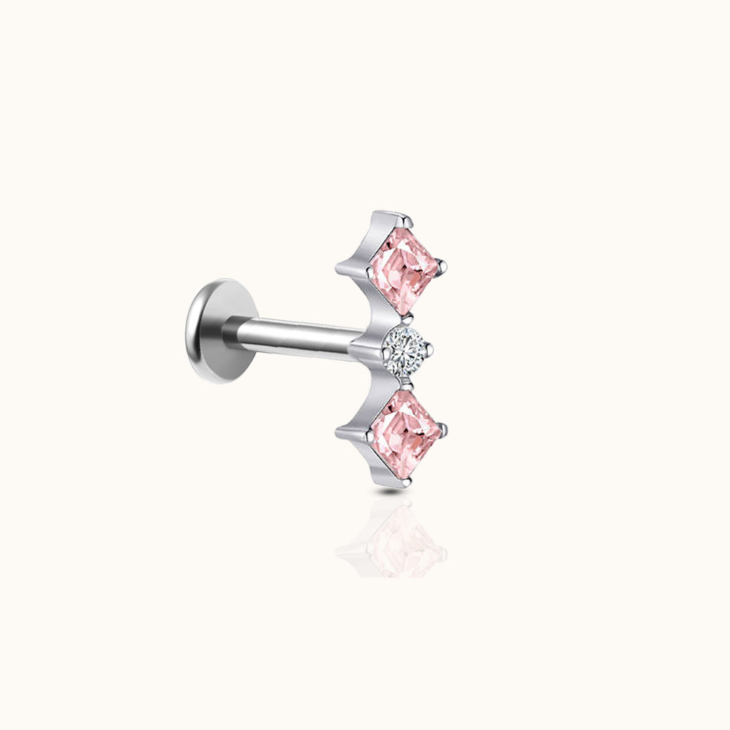 Diamond Shaped Pink CZ Bar Silver Threadless Labret Titanium Flat Back Earring by Doviana
