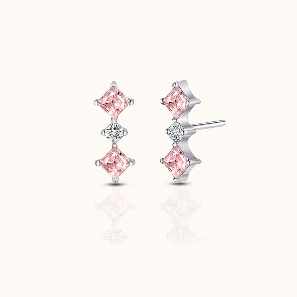 Diamond Shaped Pink CZ Bar Silver Threadless Labret Titanium Flat Back Earring by Doviana