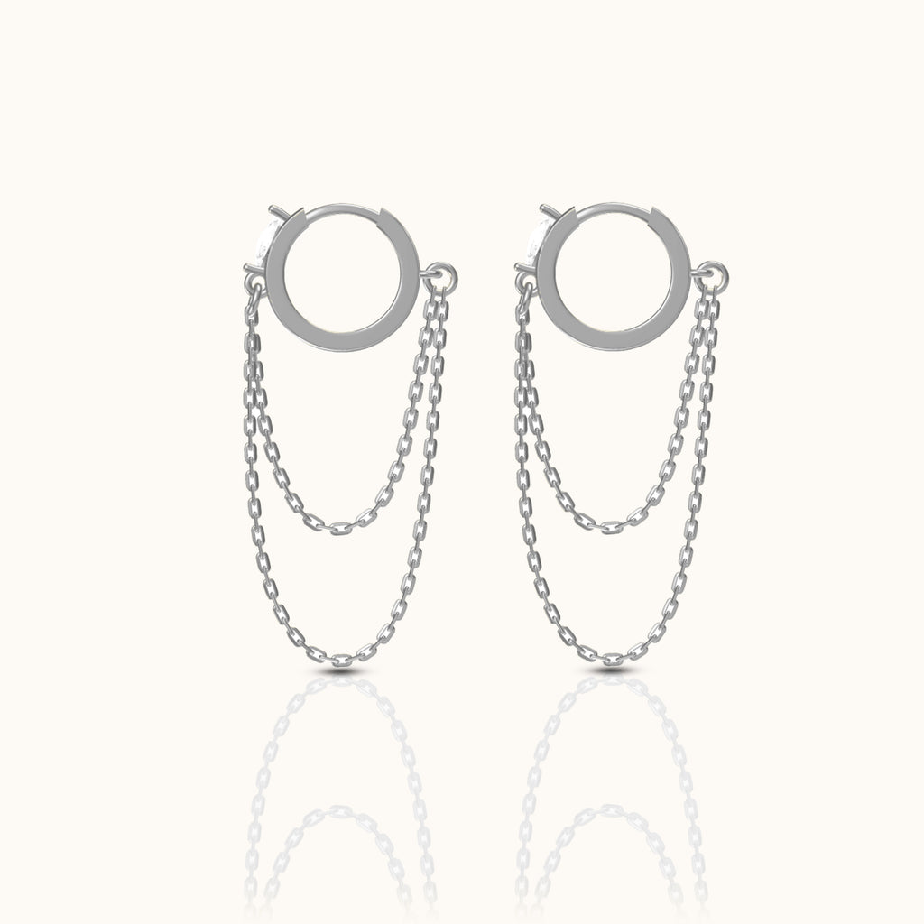 Beautiful Sterling Silver Double Layered Tassel Chain 925 Silver CZ Huggie Hoop Dangle Earrings by Doviana