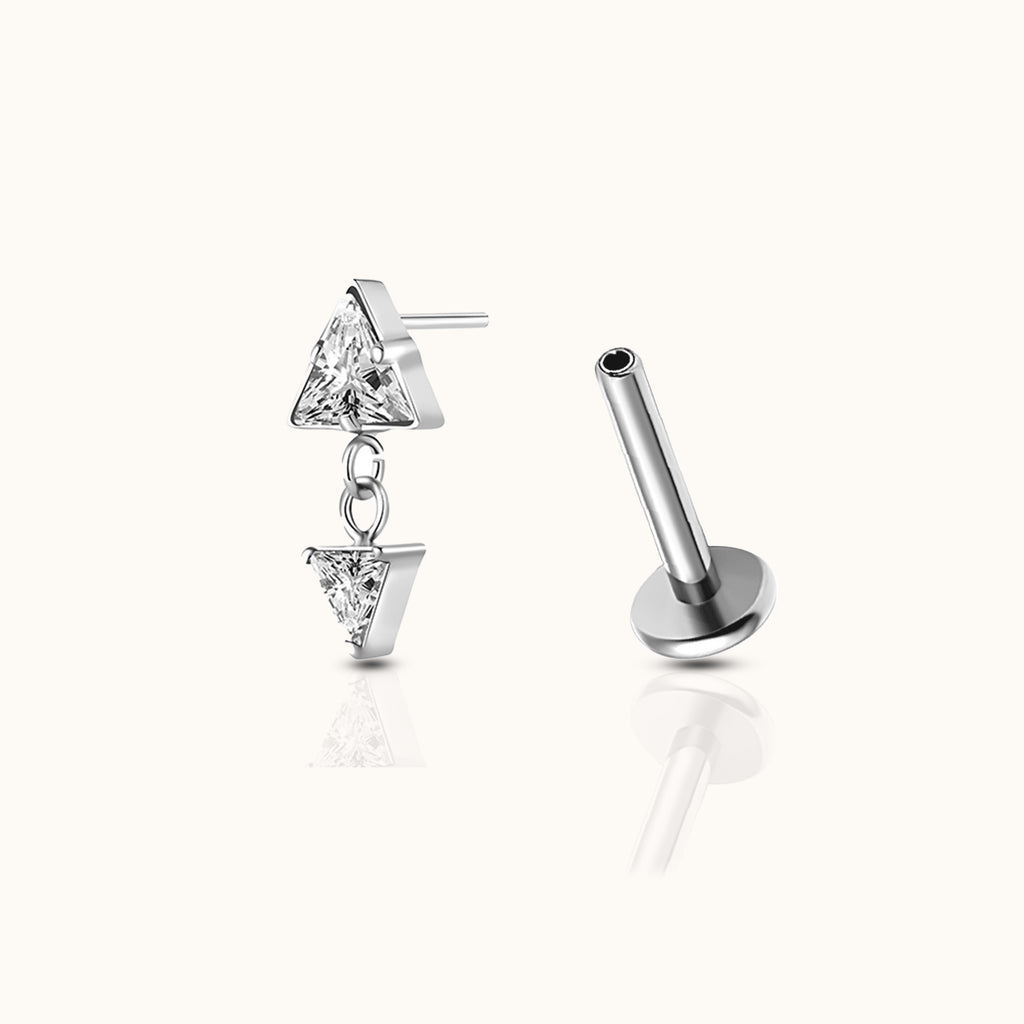 Duo Triangle CZ Dangle Bezel Drop Threadless Labret Titanium Flat Back Earring by Doviana