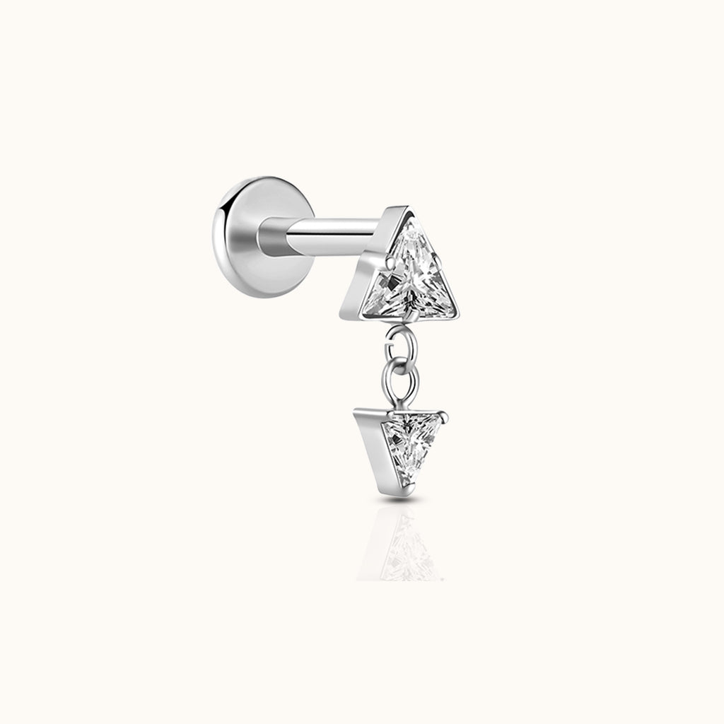 Duo Triangle CZ Dangle Bezel Drop Threadless Labret Titanium Flat Back Earring by Doviana
