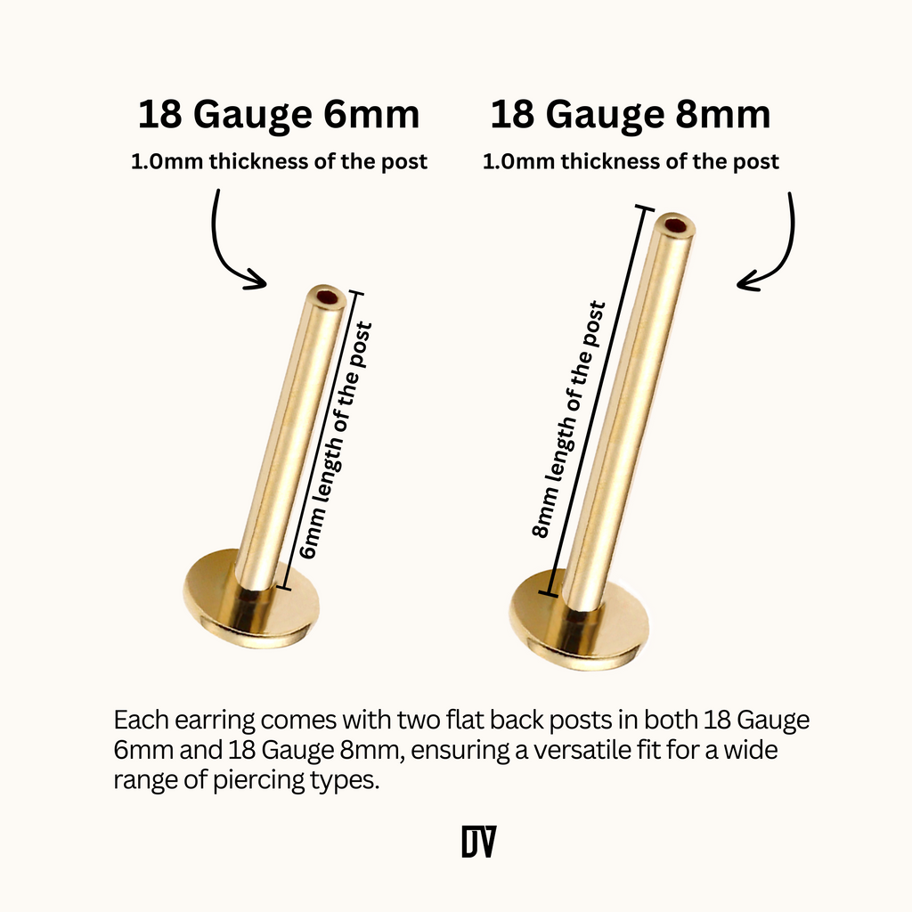 Each earring comes with two pvd gold titanium flat back posts in both 18Gauge 6mm and 18Gauge 8mm, ensuring a versatile fit for a wide range of piercing types.