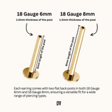 Each earring comes with two PVD Gold titanium flat back posts in both 18 Gauge 6mm and 18 Gauge 8mm, ensuring a versatile fit for a wide range of piercing types.