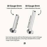 Each earring comes with two titanium flat back posts in both 18 Gauge 6mm and 18 Gauge 8mm, ensuring a versatile fit for a wide range of piercing types.