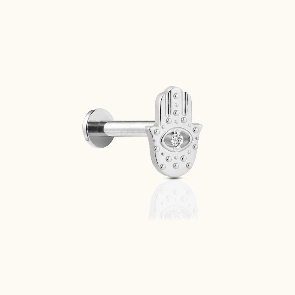 Evil Eye Protective Hamsa Hand Stud Threadless Titanium Flatback Earring by Doviana