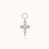 DOVIANA implant-grade titanium ear charm with two marquise-cut and two round clear CZ stones arranged in a polished silver-tone four-petal design.