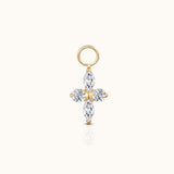 DOVIANA implant-grade titanium ear charm with two marquise-cut and two round clear CZ stones in a four-petal design with an 18K PVD gold finish.