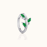 DOVIANA polished titanium clicker hoop earring with green marquise-cut CZ leaves and clear round CZ accents in a delicate vine design.
