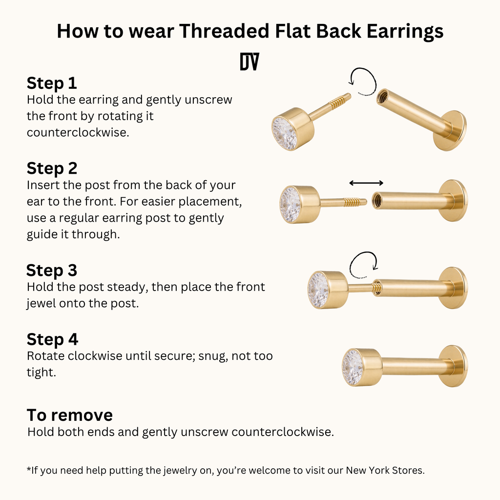 How to wear threaded flat back earrings step-by-step – DOVIANA NYC guide featuring 14K gold and titanium labret earrings for secure, comfortable everyday wear