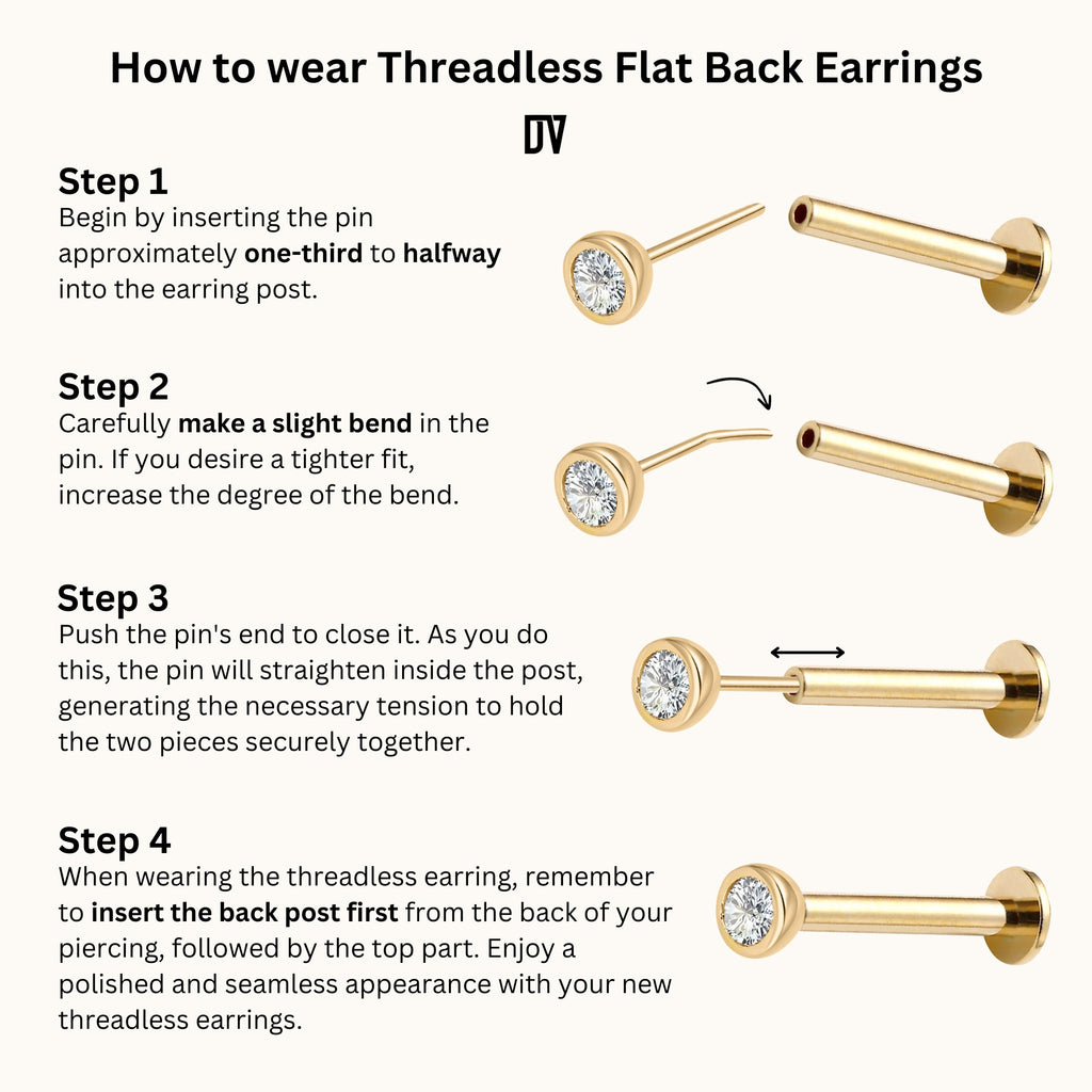 14K Solid Gold Threadless Labret Push Pin Compatible Flat Back Post ...