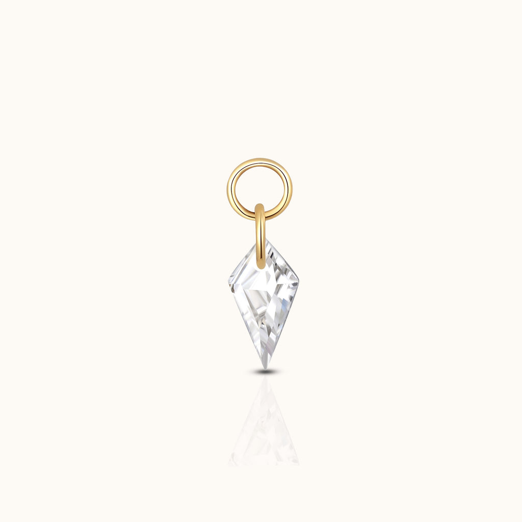 DOVIANA implant-grade titanium ear charm with a kite-cut clear CZ and polished 18K PVD gold connector rings.