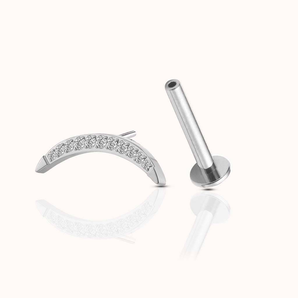 Large Moon Crescent Threadless Labret Silverr Color Titanium Flat Back Earring by Doviana